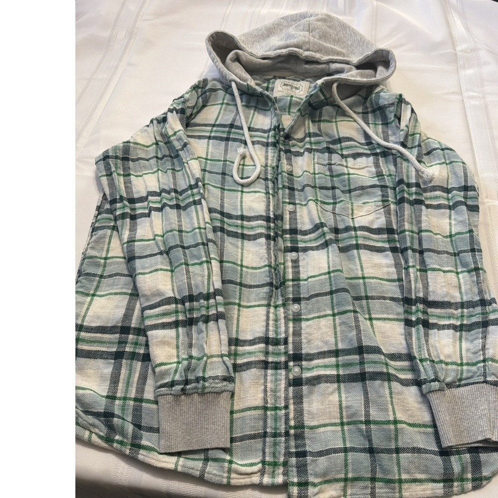 American Eagle Hooded Flannel Shirt Mens Medium Green Blue Plaid Long Sleeve M